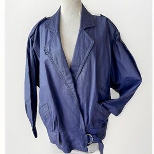 Vtg Split End Ltd Womens Blue Leather Moto Jacket Belted Sz L Navy 1980s